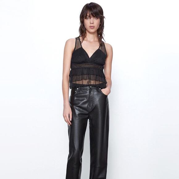 Zara Black Lace Tulle Sleeveless Ruffle Sheer Peplum Crop Tank Blouse Top Size M - Picture 5 of 9